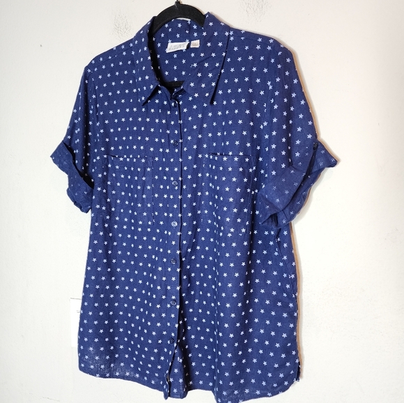 Joan Rivers Linen Star Print Blue White Short Sleee Button Shirt Women's Size L - Picture 16 of 16